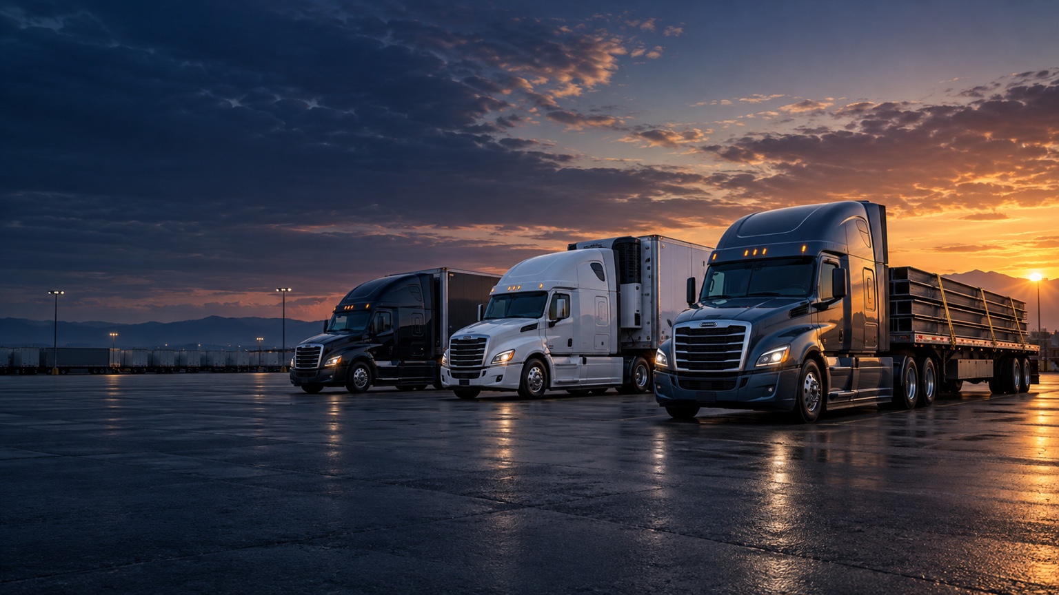 Three American semi trucks with flatbed, refrigerated and dry van trailers in a yard at sunset